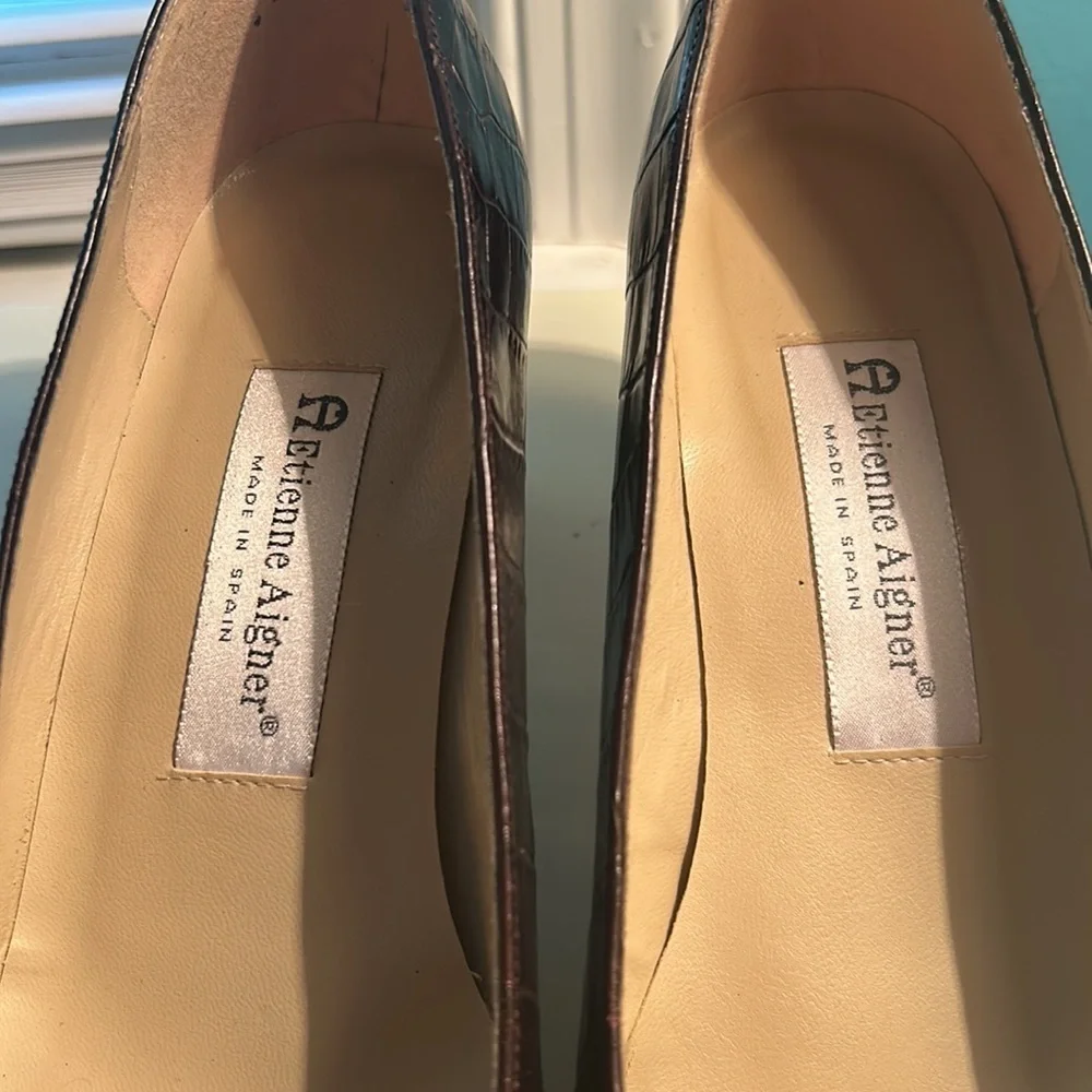 Etienne Aigner Croc Embossed Brown Leather Pumps Heels Shoes Sz 9 W Designer